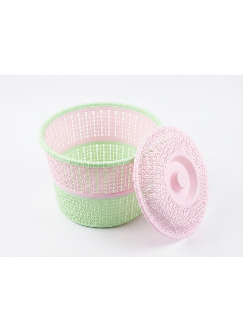 Round Plastic Clothespin & Storage Basket with Lid - Woven Design Multipurpose Organizer Bin - Pastel Green & Pink - Image 2